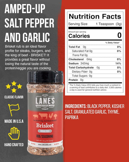 Lane'S Premium Brisket Seasoning - All Natural Brisket Rub for Smoker and Grill | Championship Beef Brisket Rub, Burgers, Steaks | No MSG | No Preservatives | Keto Friendly | Made in the USA | 12.4 Oz