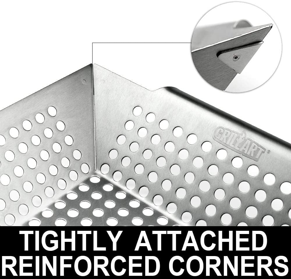 GRILLART Grill Basket Heavy Duty -Large Grill Baskets for Outdoor Grill Vegetables -Stainless Steel Veggie Grilling Basket/Pan - Lasting Grill Vegetable Basket BBQ Grill Accessories, Gifts for Dad Men