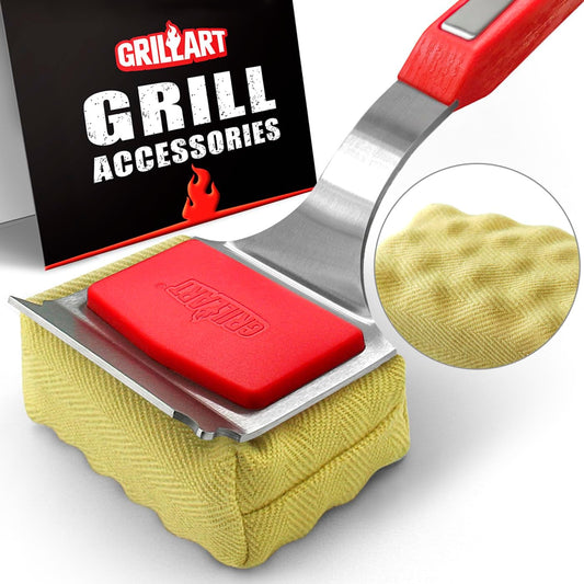 Grill Brush Bristle Free. [Rescue-Upgraded] BBQ Replaceable Cleaning Head, Unique Seamless-Fitting Scraper Tools for Cast Iron/Stainless-Steel Grates, Safe Barbecue Grill Cleaner-Red