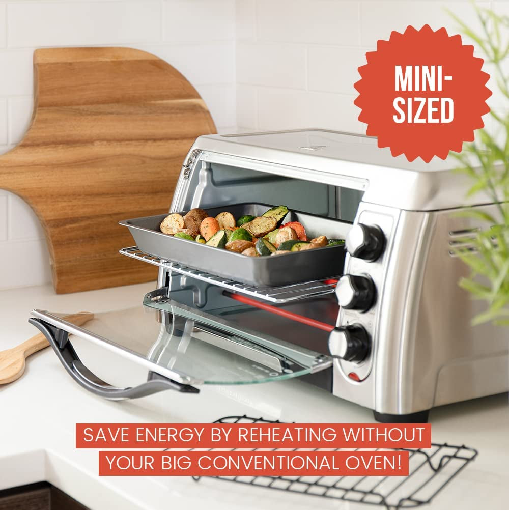 Chef Pomodoro Nonstick Carbon Steel Small Roasting Pan with Rack, Roasting Pan for Countertop Oven Baking, Single Serving, Grey (Mini)