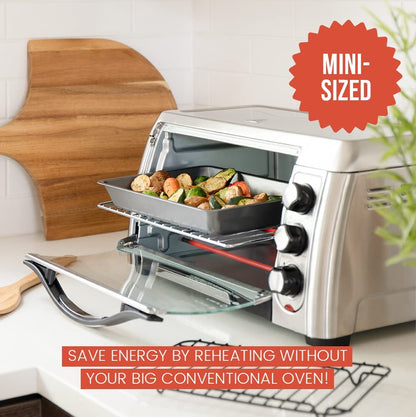 Chef Pomodoro Nonstick Carbon Steel Small Roasting Pan with Rack, Roasting Pan for Countertop Oven Baking, Single Serving, Grey (Mini)