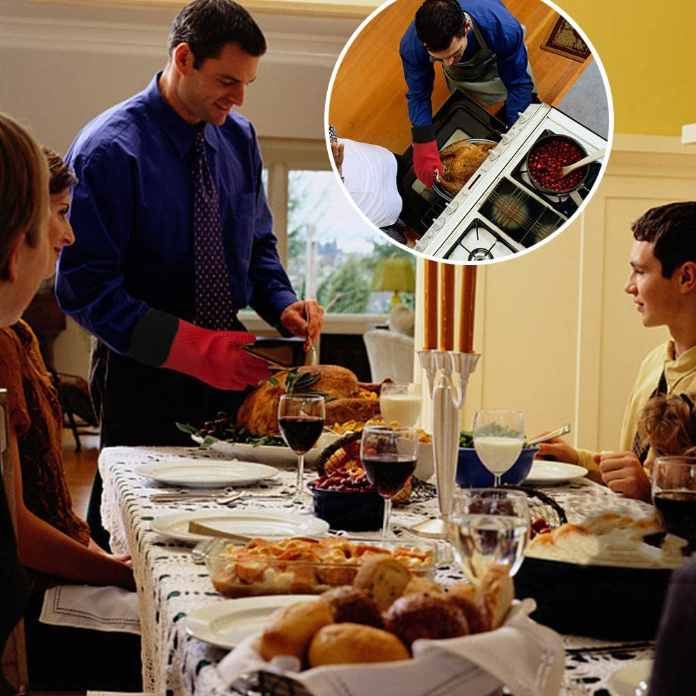 BBQ Gloves, Heat Resistant Silicone Grilling Gloves, Long Waterproof BBQ Kitchen Oven Mitts with Inner Cotton Layer for Barbecue, Cooking, Baking, Smoker(Red)