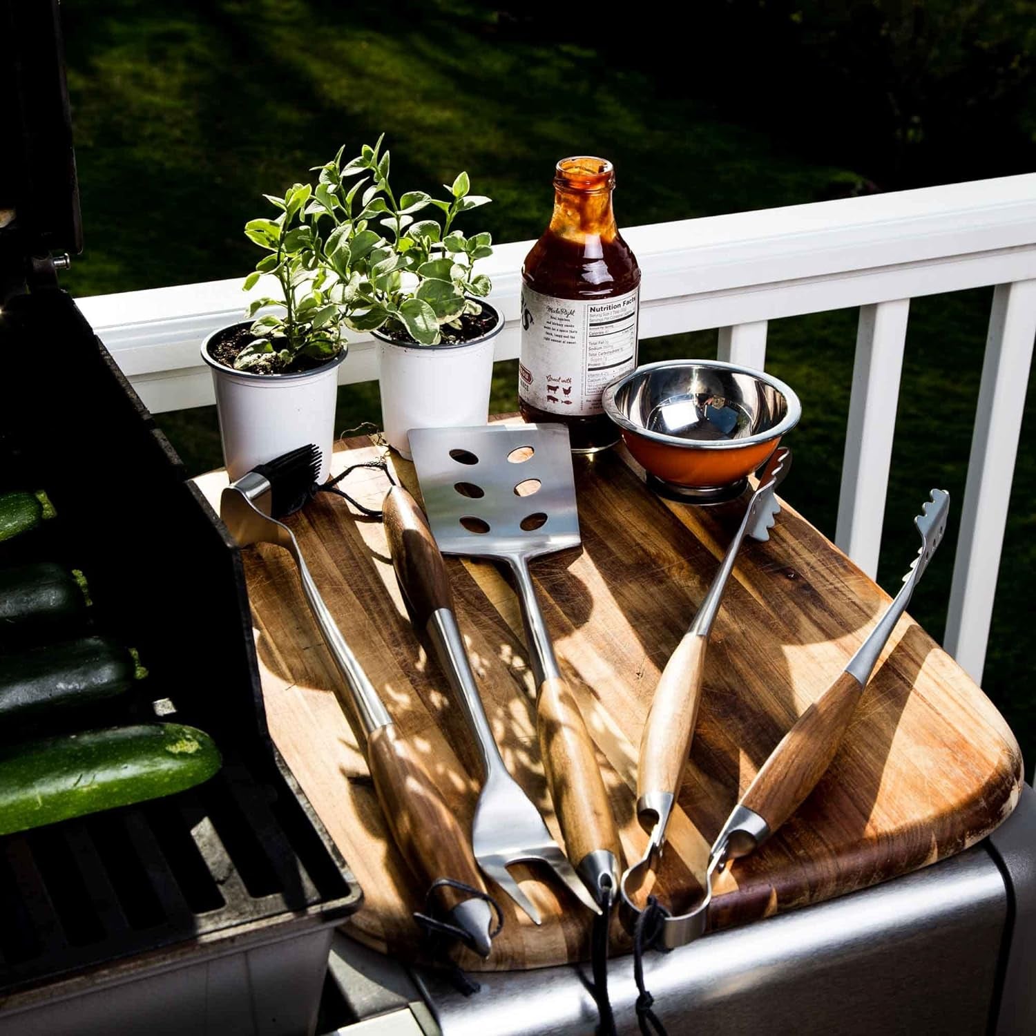 Schmidt Brothers - BBQ Bonded Teak 4 Piece Grilling Accessory Set, Full-Forged Stainless Steel Grilling Utensils Including Spatula, Fork, Basting Brush, and Tongs with All Wood Handles