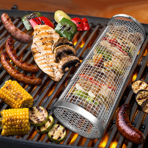 Image of 2 Pack Rolling Grill Basket BBQ Net Tube Stainless Steel BBQ Wire Mesh Cylinder Grilling Basket Portable Outdoor Camping Barbecue Rack for Fish, Shrimp, Meat, Vegetables, Fries, 11.8X3.5 Inch