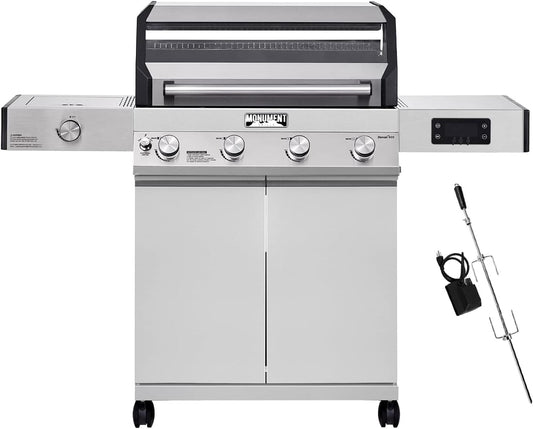 Monument Grills Denali D405 4-Burner Liquid Propane Gas Smart Bbq Grill Stainless Steel with Rotisserie Kit(2 Items)