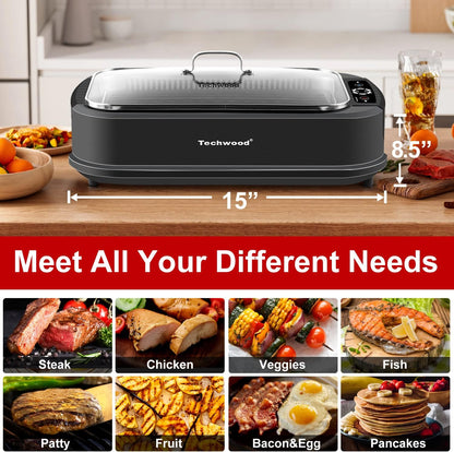 Indoor Grill,  1500W Smokeless Electric Grill with 2 In1 Nonstick Grill/Griddle Plates, Portable Korean BBQ Grill with 6-Level Control, Glass Lid, Dishwasher Safe, Double Plates, Black