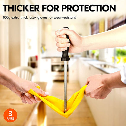 3-Pairs Reusable Household Gloves, Rubber Dishwashing Gloves, Extra Thickness, Long Sleeves, Kitchen Cleaning, Working, Painting, Gardening, Pet Care (Size L, Yellow, HH4601)