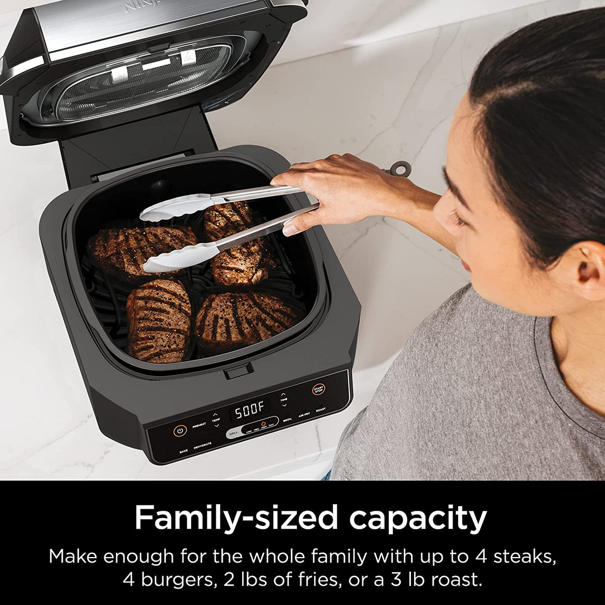 EG201 Foodi 6-In-1 Indoor Grill with Air Fry, Roast, Bake, Broil, & Dehydrate, 2Nd Generation, Dishwasher Safe, Black/Silver