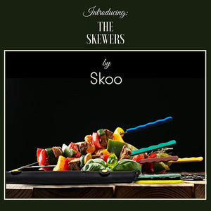 Skoo Barbecue Skewers Set - 7 Silicone Handled Stainless Steel BBQ Skewers + Silicone Storage Bag - 14" Flat Metal Shish Kebab Skewers for Grilling - Reusable Grill Kabob Skewer Sticks + Rollable Bag