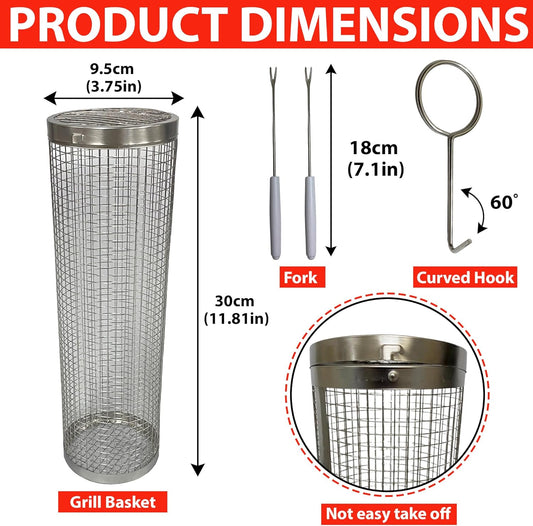 Sunmikosh Rolling Grilling Basket - Barbecue Portable Roll Grill Basket for Outdoor Camping - Stainless Steel BBQ Net Tube Grill Basket, Suitable for Fish, Kabob, Meat, Vegetables, French Fries