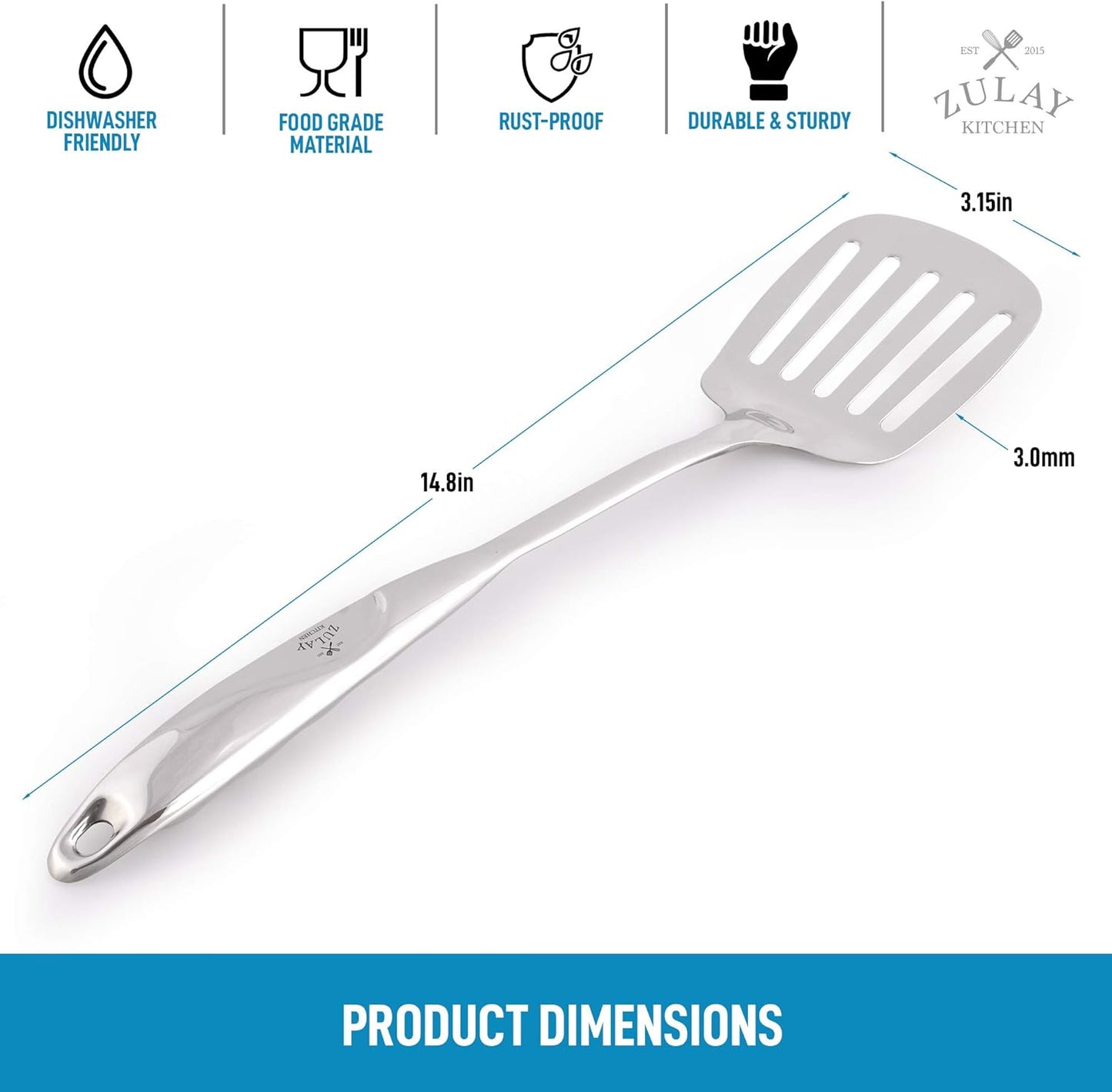 Zulay Kitchen Heavy Duty Stainless Steel Metal Spatula - 14.8" Stainless Steel Spatula for Cooking - Spatula Stainless Steel for Frying - Ergonomic Easy Grip Handle - Slotted Turner Grill Spatula