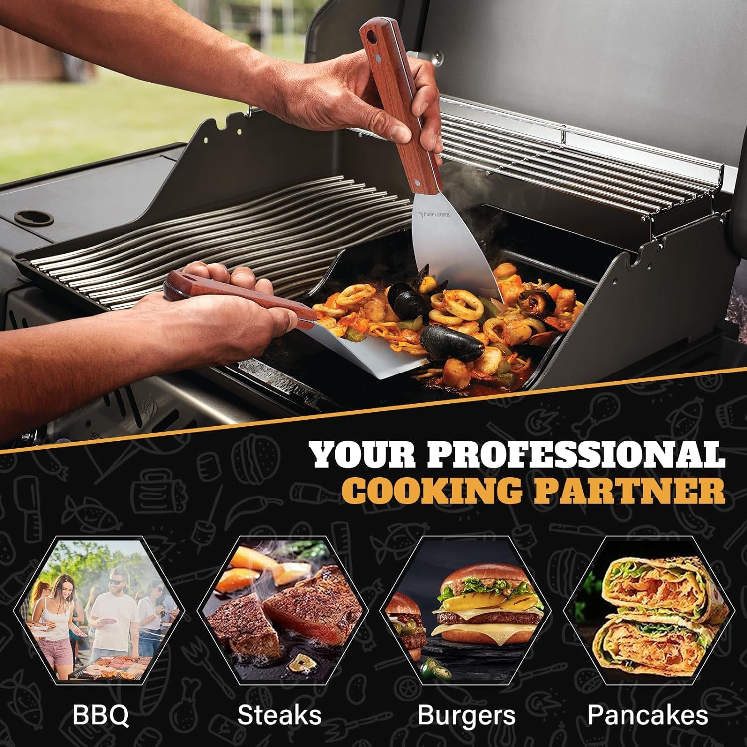 PURPLEBIRD Extra Large Grill Spatula Set Stainless Steel Smash Burger Spatula Kit, 5.5 X 5 Inch BBQ Griddle Spatula and Grill Scraper, Griddle Tools, Grill Utensils for Camping