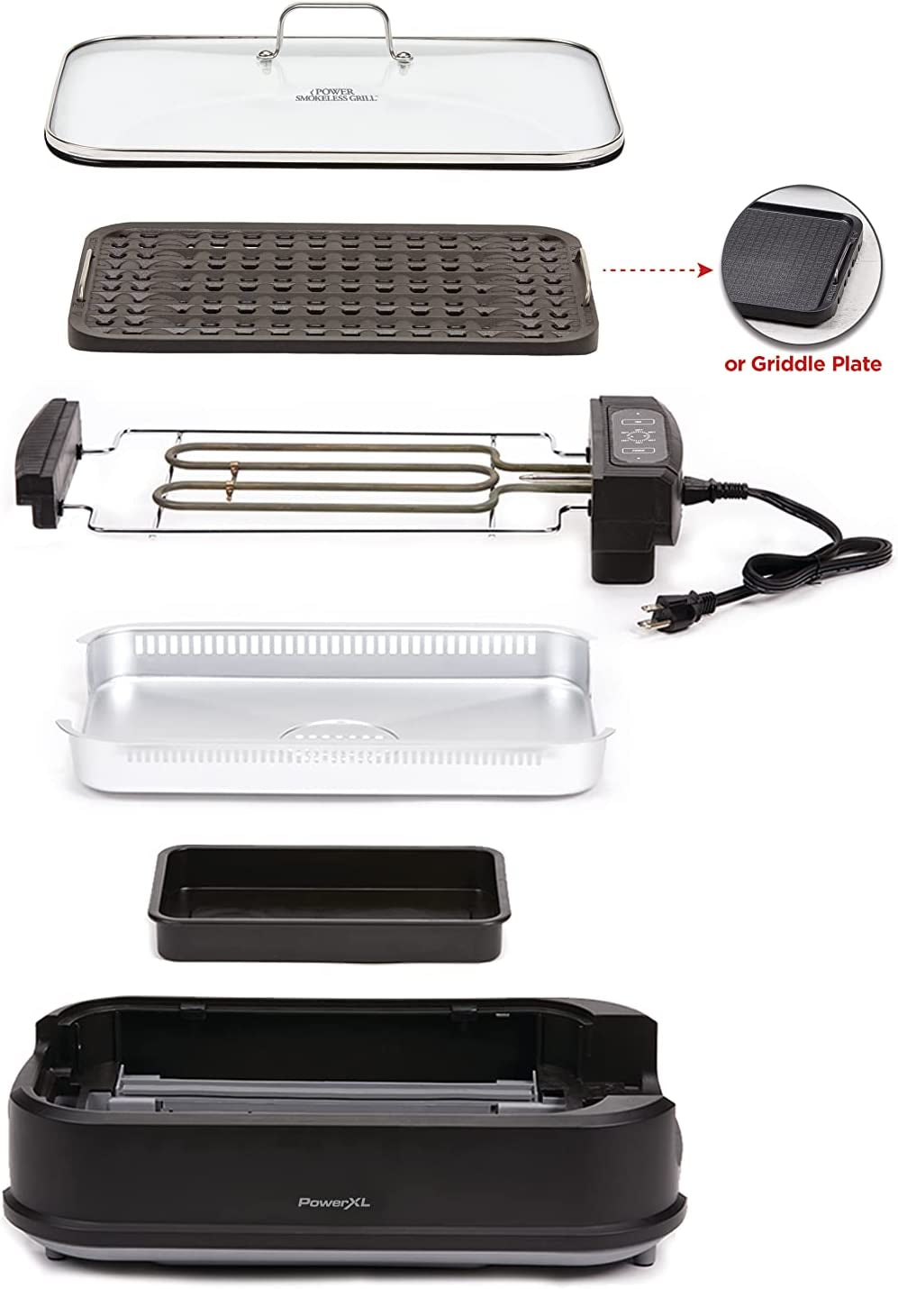 Power XL Smokeless Electric Indoor Removable Grill and Griddle Plates, Nonstick Cooking Surfaces, Glass Lid, 1500 Watt, 21X 15.4X 8.1, Black