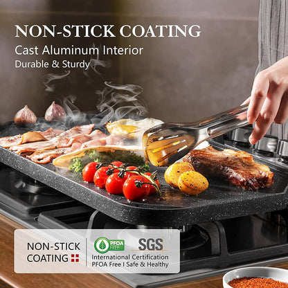 Nonstick Griddle Grill Pan, Pro-Grid Reversible Grill & Griddle Pan, Two Burner Cast Aluminum Griddle, Portable for Indoor Stovetop or Outdoor Camping BBQ, 19.5" X 10.7"