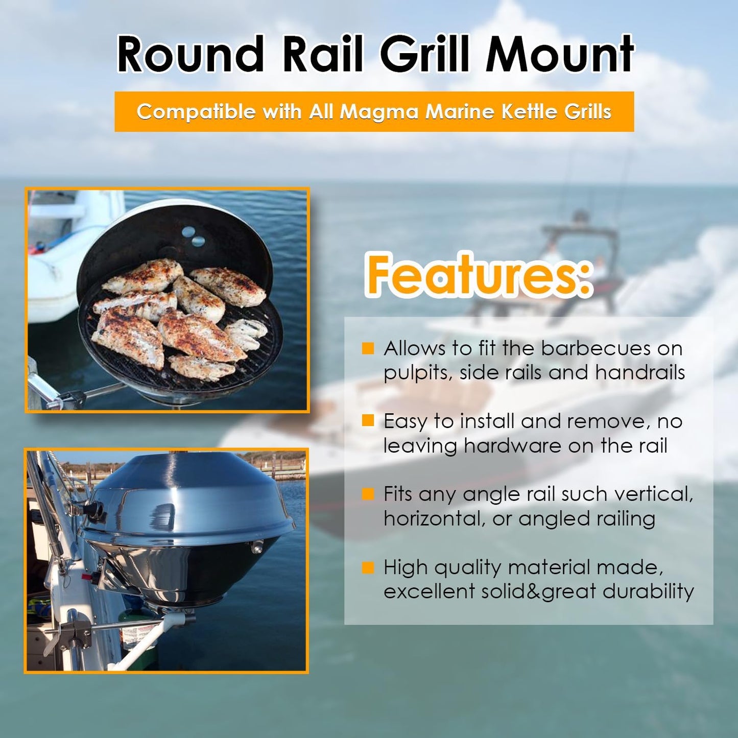 Round Rail Grill Mounting Hardware Kit for Standard 7/8" or 1" Rails, Compatible with All Magma Marine Kettles Grill A10-080