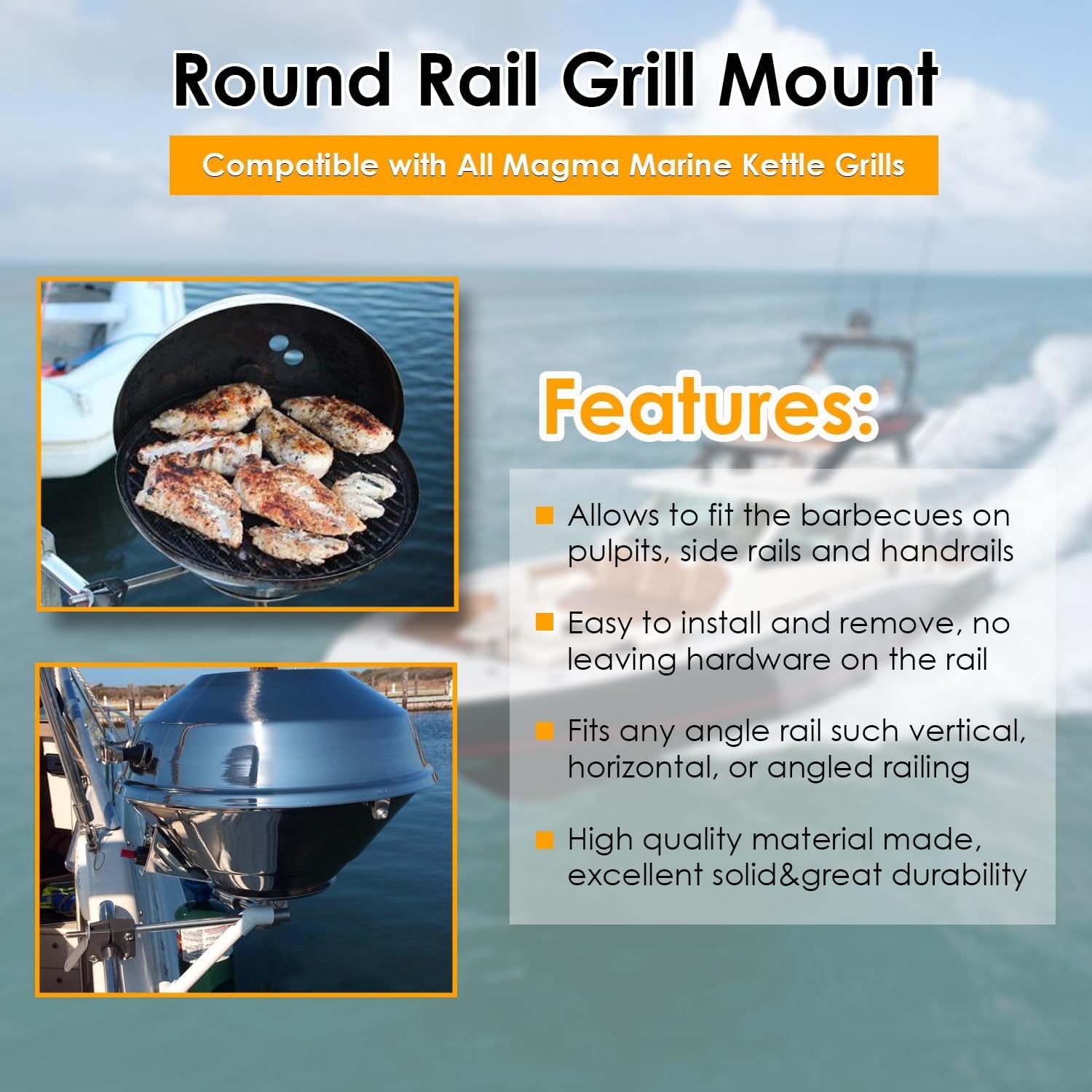 Round Rail Grill Mounting Hardware Kit for Standard 7/8" or 1" Rails, Compatible with All Magma Marine Kettles Grill A10-080