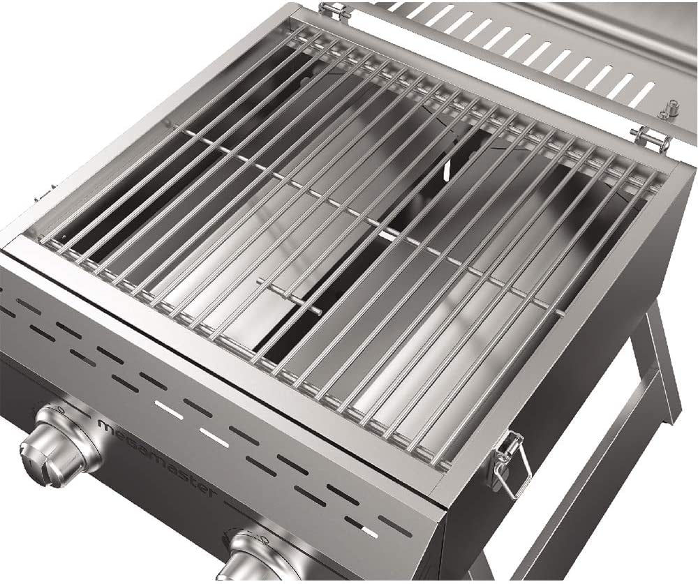 Megamaster Premium Outdoor Cooking 2-Burner Grill, While Camping, Outdoor Kitchen, Patio Garden, Barbecue with Two Foldable Legs, Silver in Stainless Steel