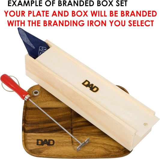Western K Branding Iron for Steak, Buns, Wood & Leather | Includes Pine Gift Box & Wood Steak Plate