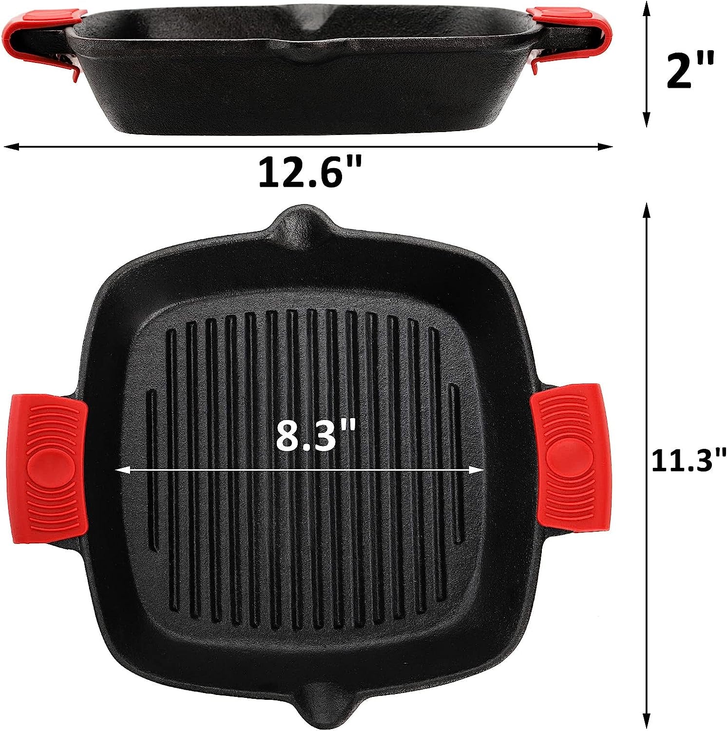 Cast Iron Grill Pan, 10" Square Skillet with Easy Grease Drain Spout and Two Heat Insulated Silicone Handle Cover, Pre Seasoned Grill Pan for Grilling Bacon, Steak, Meats, Camping