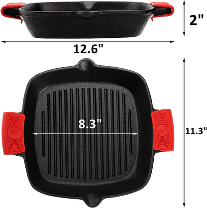 Cast Iron Grill Pan, 10" Square Skillet with Easy Grease Drain Spout and Two Heat Insulated Silicone Handle Cover, Pre Seasoned Grill Pan for Grilling Bacon, Steak, Meats, Camping