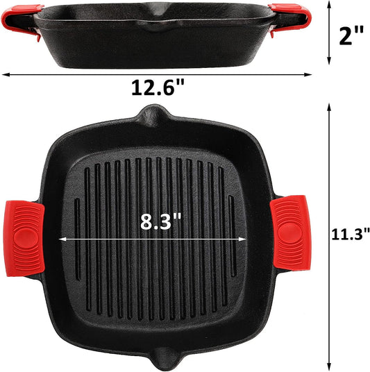 Cast Iron Grill Pan, 10" Square Skillet with Easy Grease Drain Spout and Two Heat Insulated Silicone Handle Cover, Pre Seasoned Grill Pan for Grilling Bacon, Steak, Meats, Camping