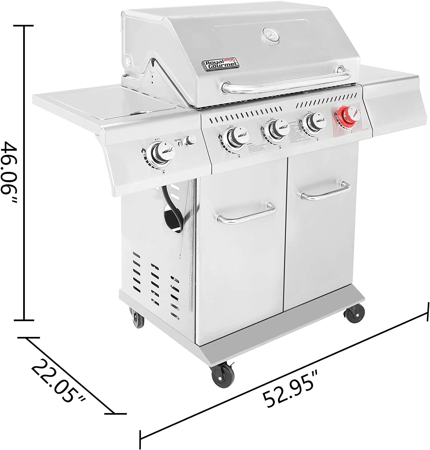 GA4402S Stainless Steel 4-Burner BBQ Propane Gas Grill, 54000 BTU Cabinet Style Gas Grill with Sear Burner and Side Burner Perfect Patio Garden Picnic Backyard Party Silver