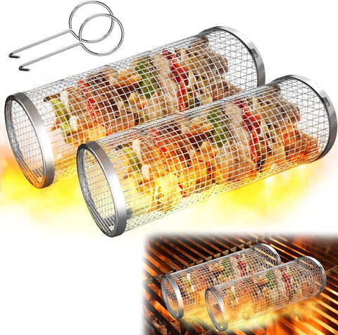 Image of 2 Pack Rolling Grill Basket BBQ Net Tube Stainless Steel BBQ Wire Mesh Cylinder Grilling Basket Portable Outdoor Camping Barbecue Rack for Fish, Shrimp, Meat, Vegetables, Fries, 11.8X3.5 Inch