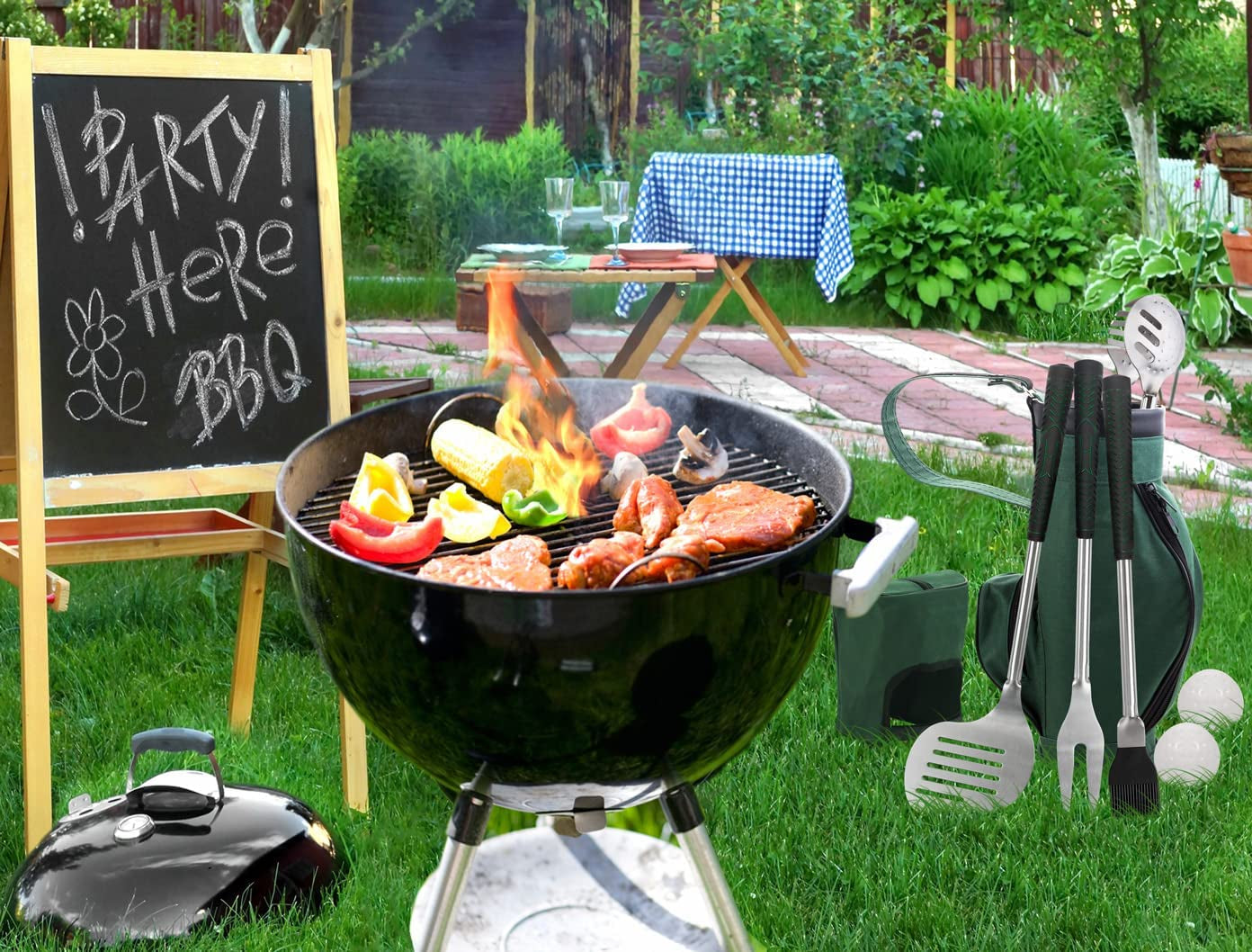 7Pcs Golf-Club Style BBQ Grill Accessories Kit with Rubber Handle - Stainless Steel BBQ Tools Set in Bag for Camping - Premium Grilling Utensils Set Ideal Christmas Birthday Gifts for Men Women