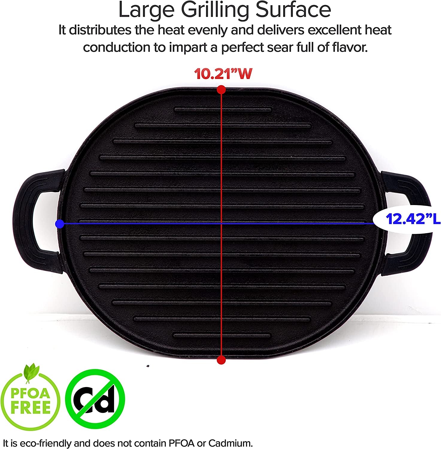 Cast Iron Grill, 12.42”X10.21” Non-Stick Grilling Surface, Deep Grill Ridges, Pre-Seasoned, Stay-Cool Silicone Handles, Easy-To-Clean, Oven Safe, Stovetop, BBQ, Fire & Smoker, Induction-Ready
