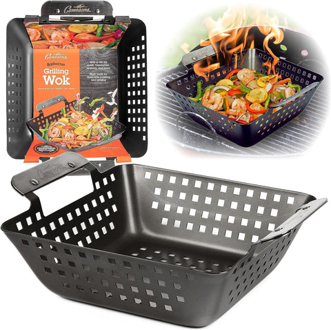 Image of Barbecue Grilling Wok - Heavy Duty Non-Stick BBQ Grill Basket W Stainless Steel Handles - 3" Deep Pan Keeps Meat & Vegetables inside - Indoor Outdoor Use - Great for Summer Bbqs and Father'S Day Gift