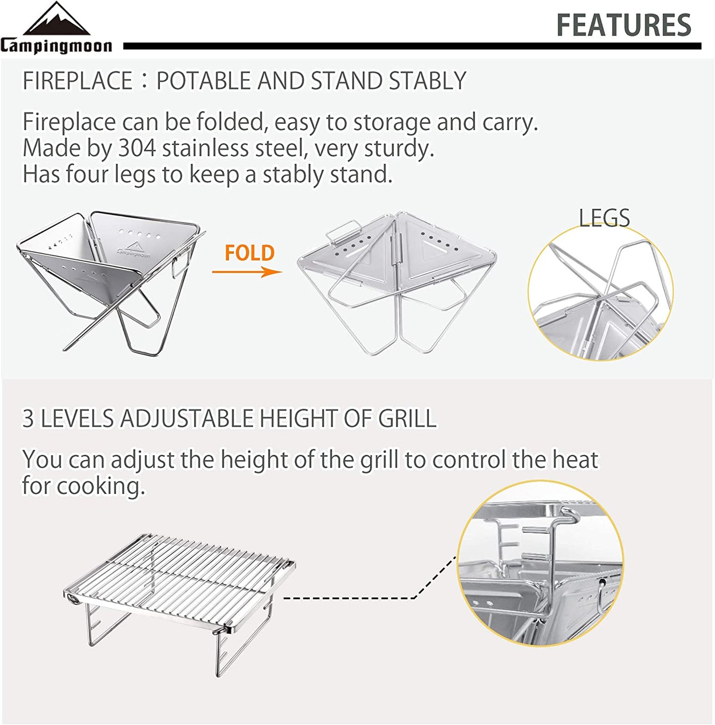 CAMPINGMOON Tabletop Charcoal Grill Small Size Wood Burning Grill and Fire Pit 9.65-Inch Portable Stainless Steel with Carrying Bag X-MINI-PRO