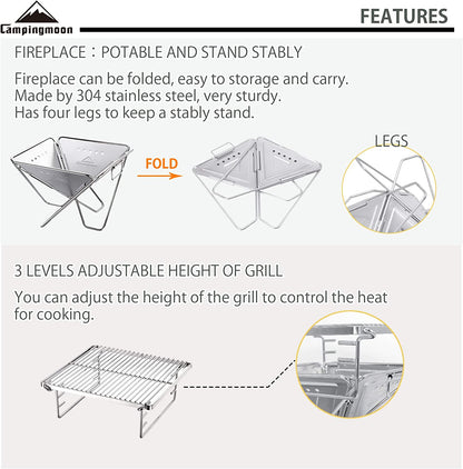 CAMPINGMOON Tabletop Charcoal Grill Small Size Wood Burning Grill and Fire Pit 9.65-Inch Portable Stainless Steel with Carrying Bag X-MINI-PRO