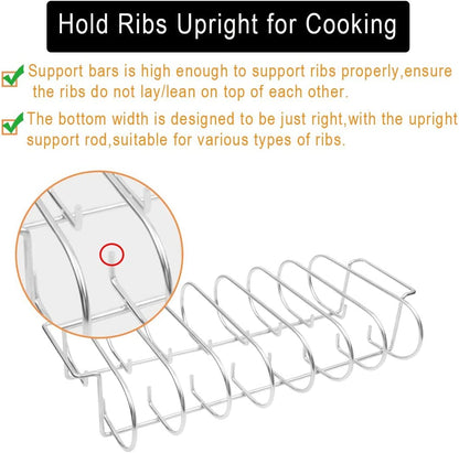 BBQ Rib Racks for Smoker and Grilling Roasting Rack 100% 304 Stainless Steel Food Grade,Holds 7 Ribs Rack for Grilling & Barbecuing for Large&Xlarge Big Green Egg,Kamado Joe Classic,Big Joe