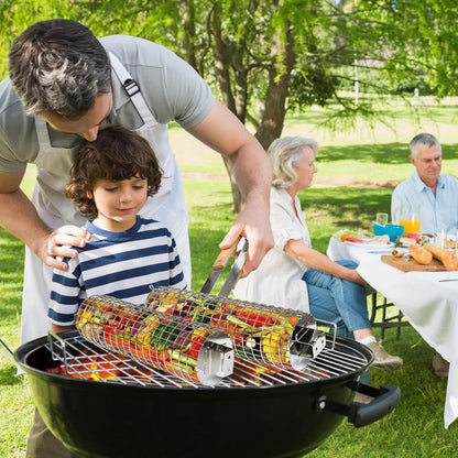 CEBERVICE Rolling Grilling Baskets, SUS304 Stainless Steel, REMOVABLE WOODEN HANDLE, Portable BBQ Outdoor Camping round Cylinder Grilling Rack for Fish, Vegetables, Shrimp, Barbeque Griller Cooking Accessories Gifts for Men, Dad, Father, Husband