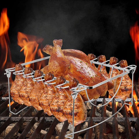 Image of 3-In-1Turkey Roasting Rack Rib Rack for Smoking & Chicken Leg Rack for Oven Grill - Holds 6 Large Ribs, 12 Chicken Leg Wing, 1 Whole Chicken - Premium Foldable Space-Saving Grilling Smoking Accessory