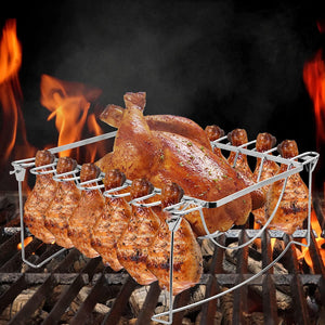 3-In-1Turkey Roasting Rack Rib Rack for Smoking & Chicken Leg Rack for Oven Grill - Holds 6 Large Ribs, 12 Chicken Leg Wing, 1 Whole Chicken - Premium Foldable Space-Saving Grilling Smoking Accessory