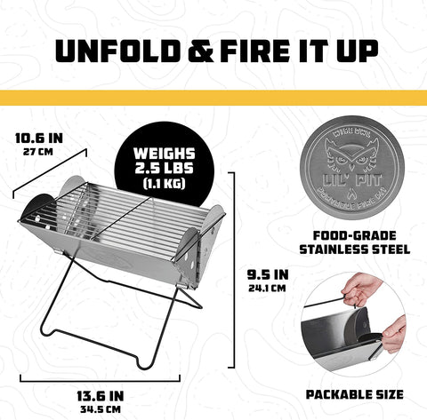 Image of Wise Owl Outfitters Portable Camping Grill - Collapsible Fire Pit for Camping, Stainless Steel 13.6 X 10.2 Inch - 2.2Lb Pop up Fire Pit with Case for BBQ, Tailgating, Backyard, Outdoor Use
