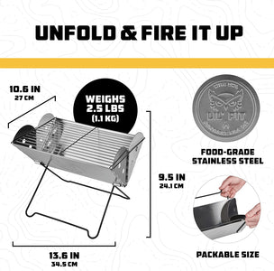 Wise Owl Outfitters Portable Camping Grill - Collapsible Fire Pit for Camping, Stainless Steel 13.6 X 10.2 Inch - 2.2Lb Pop up Fire Pit with Case for BBQ, Tailgating, Backyard, Outdoor Use