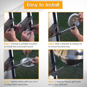 Round Rail Grill Mounting Hardware Kit for Standard 7/8" or 1" Rails, Compatible with All Magma Marine Kettles Grill A10-080