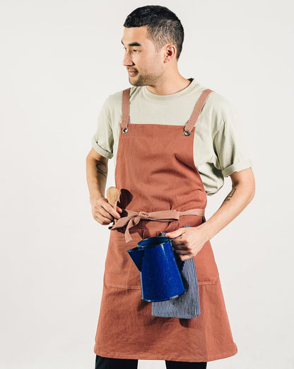 Crossback Kitchen Apron for Cooking - Mens and Womens Professional Chef or Server Bib Apron - Adjustable Crossback Style - Rustic- Midweight Cotton (Terracotta)
