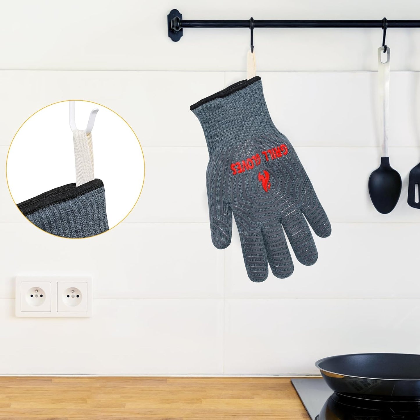BBQ Gloves, Oven Gloves 1472℉ Extreme Heat Resistant, Grilling Gloves Silicone Non-Slip Oven Mitts, Kitchen Gloves for BBQ, Grilling, Cooking, Baking-1 Pair… (One Size Fits Most, Grey)