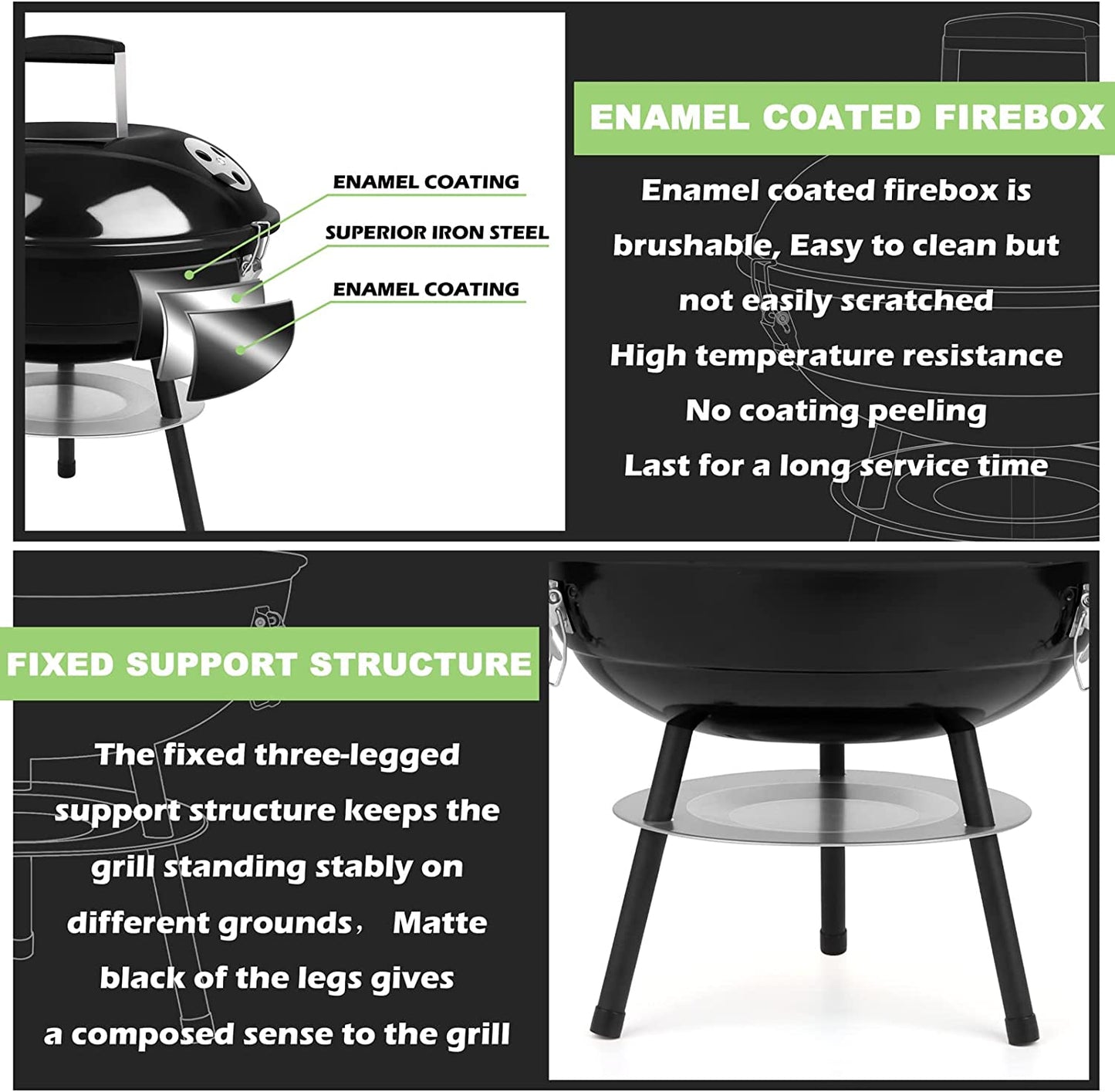 Joyfair Charcoal Grill with 2 Grilling Racks, 14In Small Portable BBQ Grill with Lid for Outdoor Camping/Patio/Backyard Barbecue/Tabletop Cooking, Enamel Coated & Dual Vent System, Black
