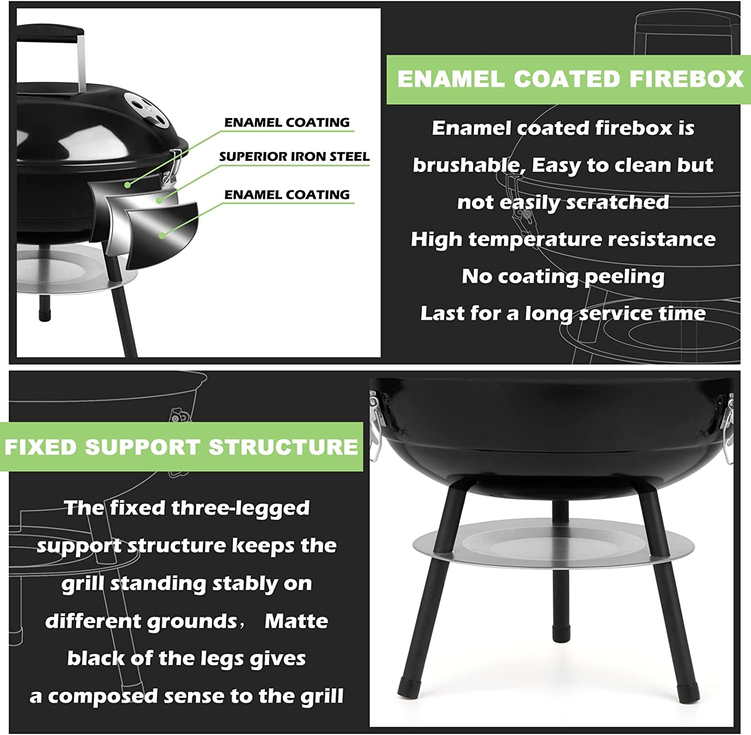 Joyfair Charcoal Grill with 2 Grilling Racks, 14In Small Portable BBQ Grill with Lid for Outdoor Camping/Patio/Backyard Barbecue/Tabletop Cooking, Enamel Coated & Dual Vent System, Black