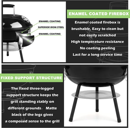 Joyfair Charcoal Grill with 2 Grilling Racks, 14In Small Portable BBQ Grill with Lid for Outdoor Camping/Patio/Backyard Barbecue/Tabletop Cooking, Enamel Coated & Dual Vent System, Black