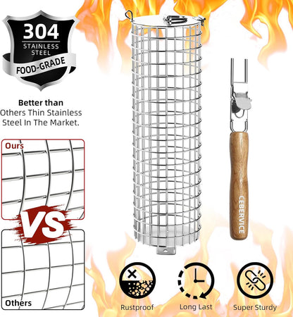 CEBERVICE Rolling Grilling Baskets, SUS304 Stainless Steel, REMOVABLE WOODEN HANDLE, Portable BBQ Outdoor Camping round Cylinder Grilling Rack for Fish, Vegetables, Shrimp, Barbeque Griller Cooking Accessories Gifts for Men, Dad, Father, Husband