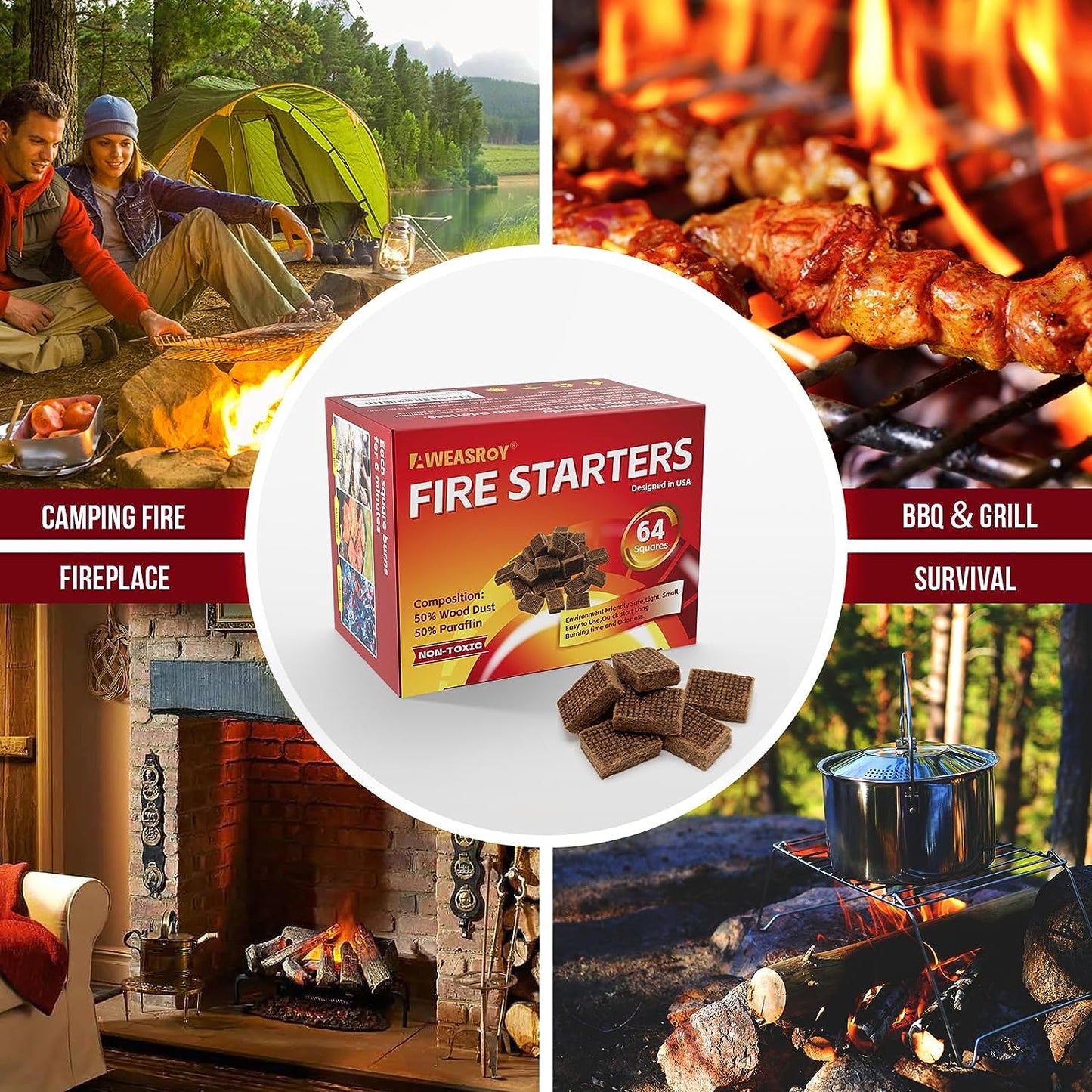 Fire Starter Squares 64 - Fire Starters for Fireplace,Chimney,Bbq Grill,Camping Fire,Wood Stove - Water Resistant and Safe Odourless - Camping Accessories