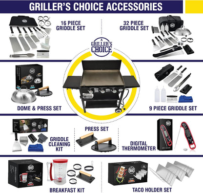 Outdoor Griddle Grill Propane Gas Flat Top - Hood Included, 4 Shelves, Disposable Grease Cups, 36,000 Btu'S, Large Cooking Area, Paper Towel Holder.