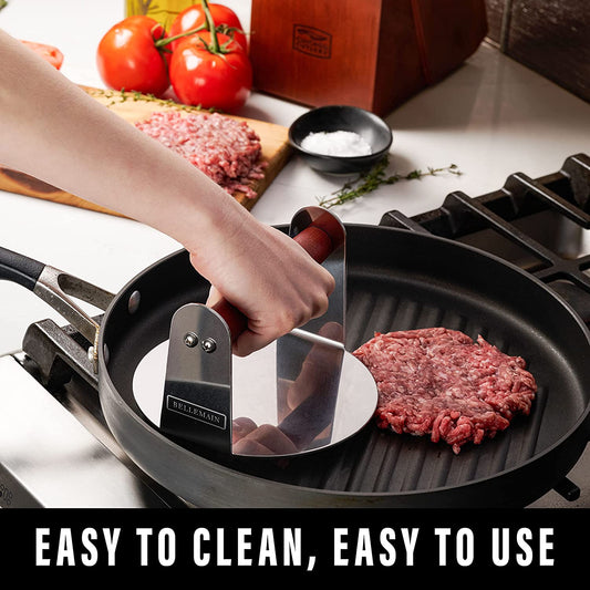 Bellemain Burger Smasher for Griddle | Stainless Steel 6" round Smash Burger Press | Hamburger Press for Grill, Cooking, Meat Press with Wooden Handle, Grill Accessories Kit