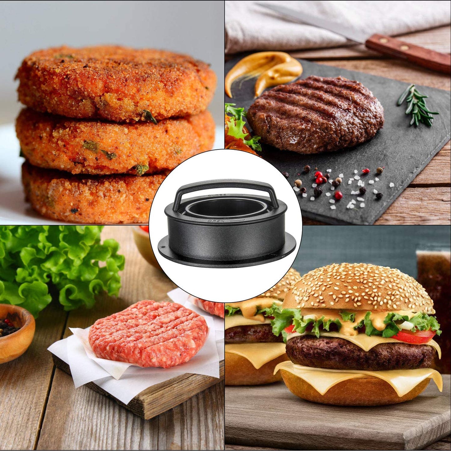 TAOUNOA Hamburger Press Patty Maker, 3 in 1 Non-Stick Burger Press with 100 Pcs Wax Paper for Making Delicious Burgers, Perfect Shaped Patties for Grilling and Cooking
