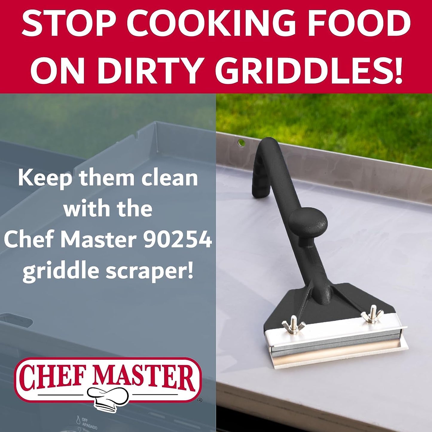 Commercial Griddle Scraper, Flat Iron Grill Griddle Scraper, Professional Restaurant Grade Quality, Blackstone Grill Griddle Scraper, Long Handle for Added Protection, Model 90254